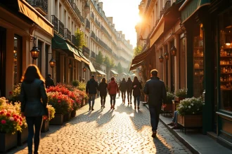 Rues animées du centre de Paris au lever du soleil