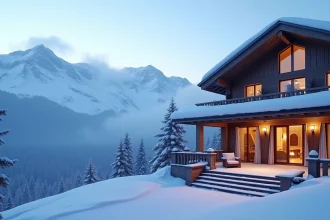 Lumière dorée sur la neige depuis une chambre d'hôtel alpin