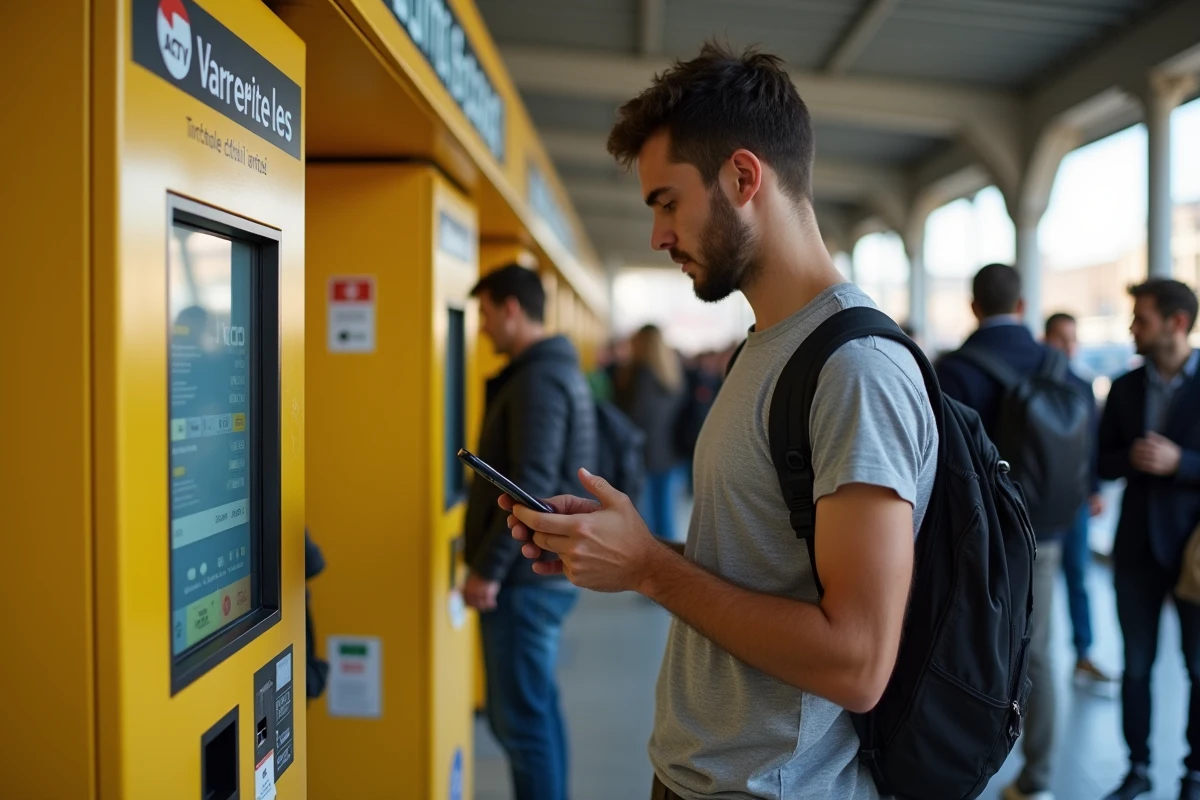 Voyageur achetant son billet de vaporetto à un distributeur automatique ACTV à Venise