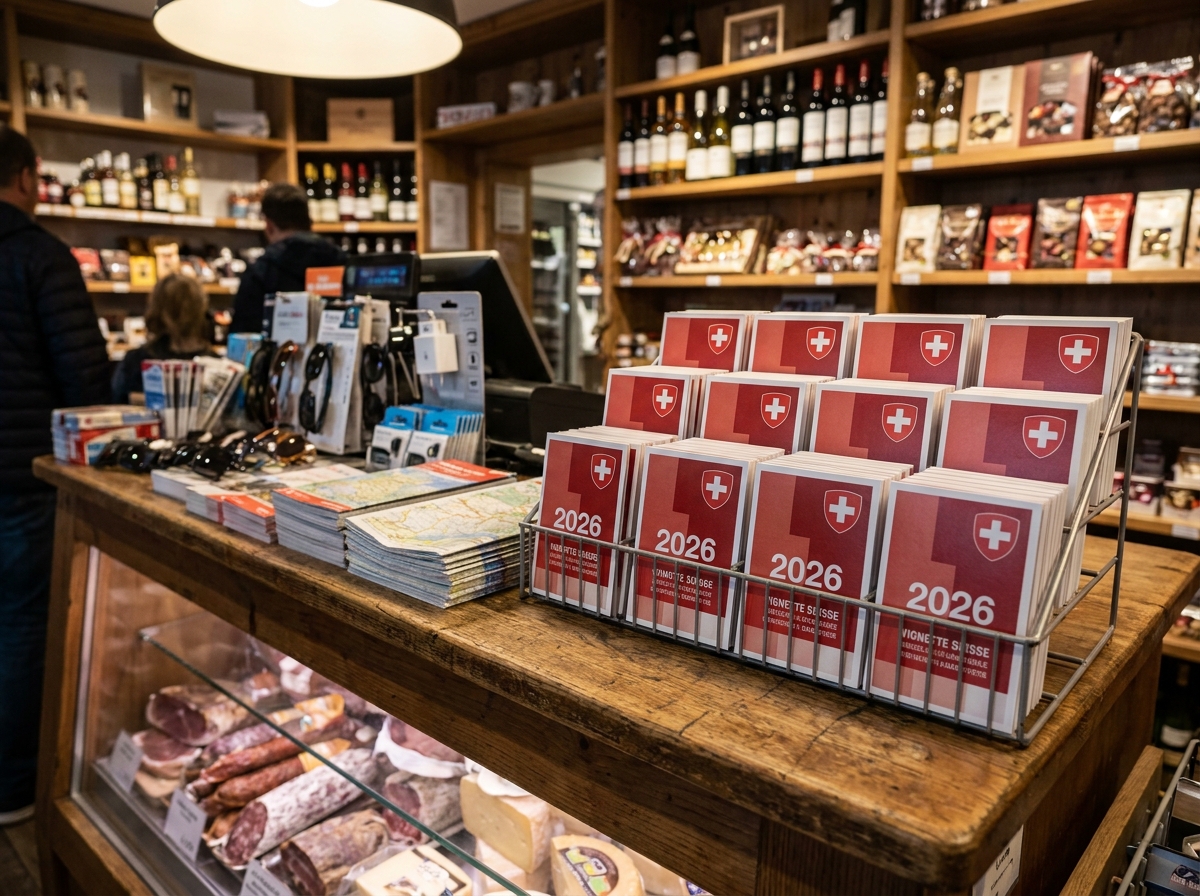 Présentoir de vignettes autoroutières suisses 2026 dans un bureau de tabac près de la frontière