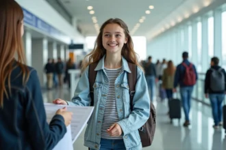Adolescente de 16 ans se présentant seule au comptoir d'enregistrement d'un aéroport international, tenant ses documents de voyage