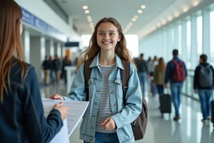 Adolescente de 16 ans se présentant seule au comptoir d'enregistrement d'un aéroport international, tenant ses documents de voyage