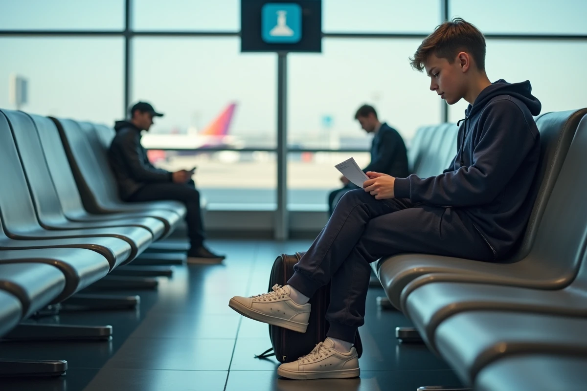 Adolescent de 16 ans assis seul à la porte d'embarquement d'un aéroport, consultant sa carte d'embarquement
