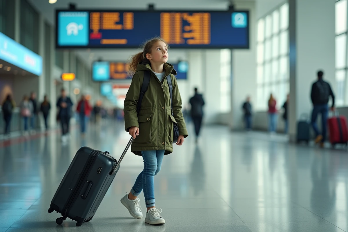 Adolescente de 16 ans arrivant seule dans un hall d'aéroport avec une valise à roulettes, regardant les panneaux d'arrivée