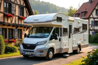 Camping-car blanc garé sur une aire de service en Allemagne dans un village à colombages