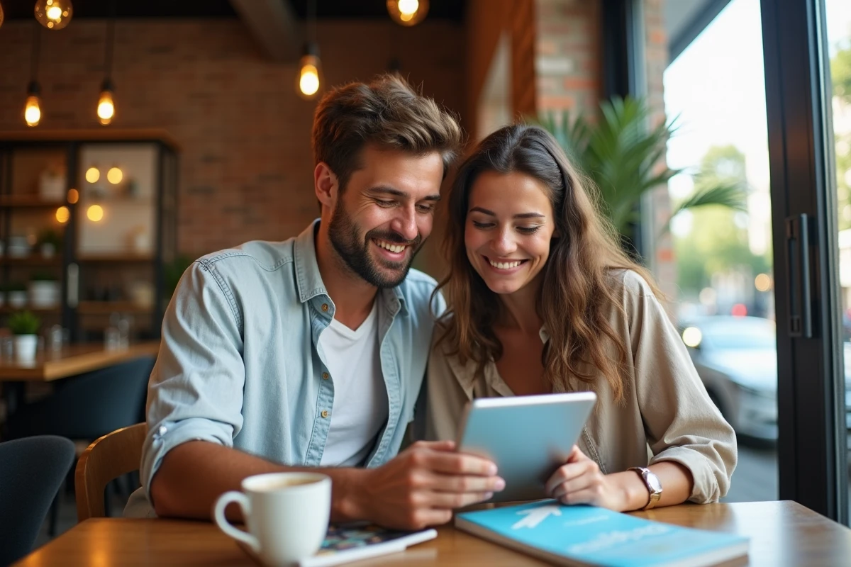 Deux amis planifiant un voyage ensemble sur Google Flights dans un café urbain