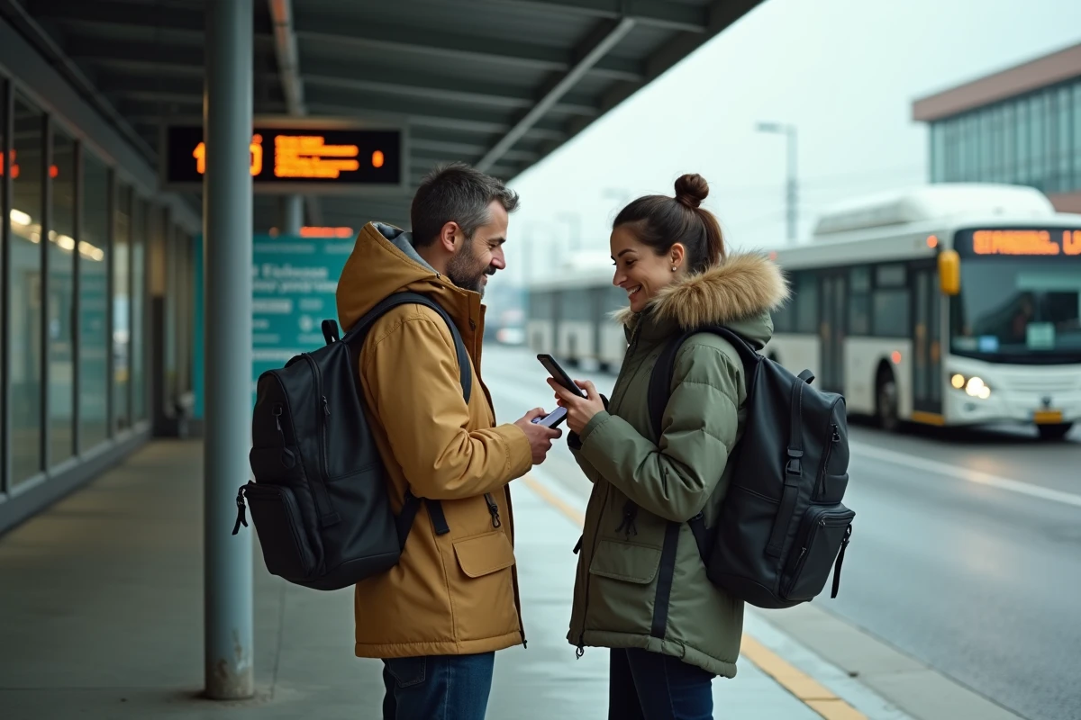 Couple de voyageurs à l'arrêt de bus de l'aéroport de Madrid consultant les options de transport éco-responsable vers le centre-ville