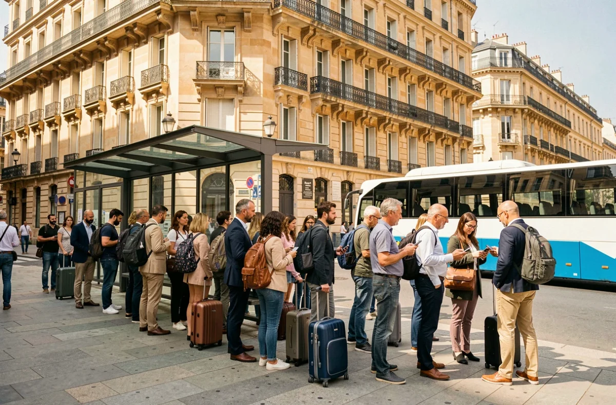 File d'attente de voyageurs à l'arrêt de bus entre Marseille et Aix-en-Provence pendant les heures de pointe