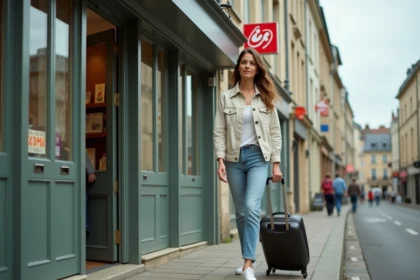 Femme arrivant à pied à l'hôtel ibis de Fécamp avec sa valise, façade de l'hôtel visible en arrière-plan dans une rue normande