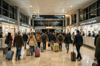 Hall des arrivées de l'aéroport Mohammed V de Casablanca la nuit avec des voyageurs et des agents d'accueil en uniforme