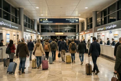 Hall des arrivées de l'aéroport Mohammed V de Casablanca la nuit avec des voyageurs et des agents d'accueil en uniforme
