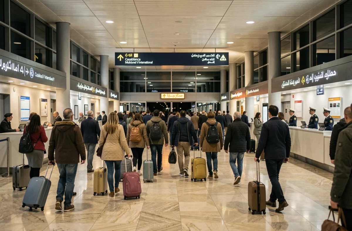 Hall des arrivées de l'aéroport Mohammed V de Casablanca la nuit avec des voyageurs et des agents d'accueil en uniforme