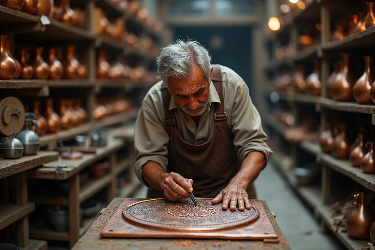 Artisan iranien gravant des motifs sur du cuivre dans un atelier du bazar de Hamadan, Iran