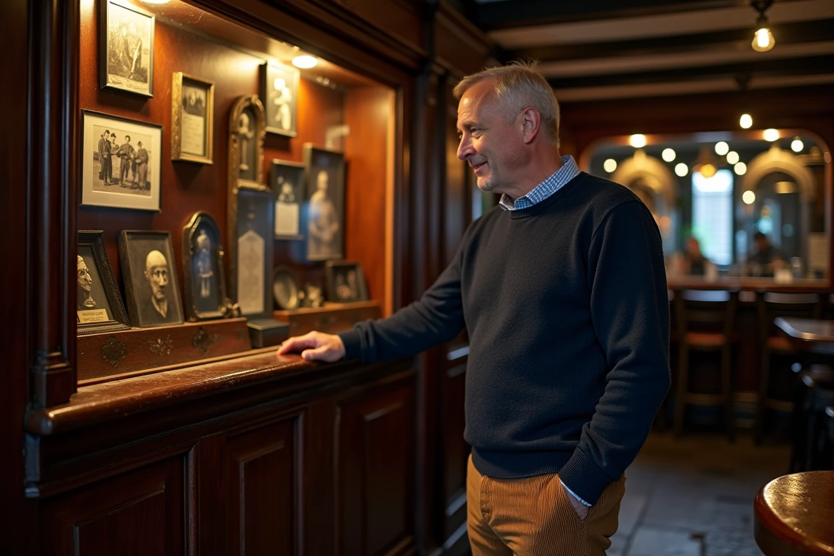 Homme examinant des artefacts victoriens dans la vitrine du pub Gravediggers à Glasnevin, attraction insolite de Dublin