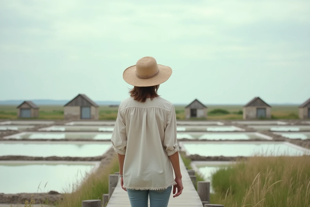 Femme sur un chemin de planches traversant les marais salants de Guérande avec des paludiers en arrière-plan