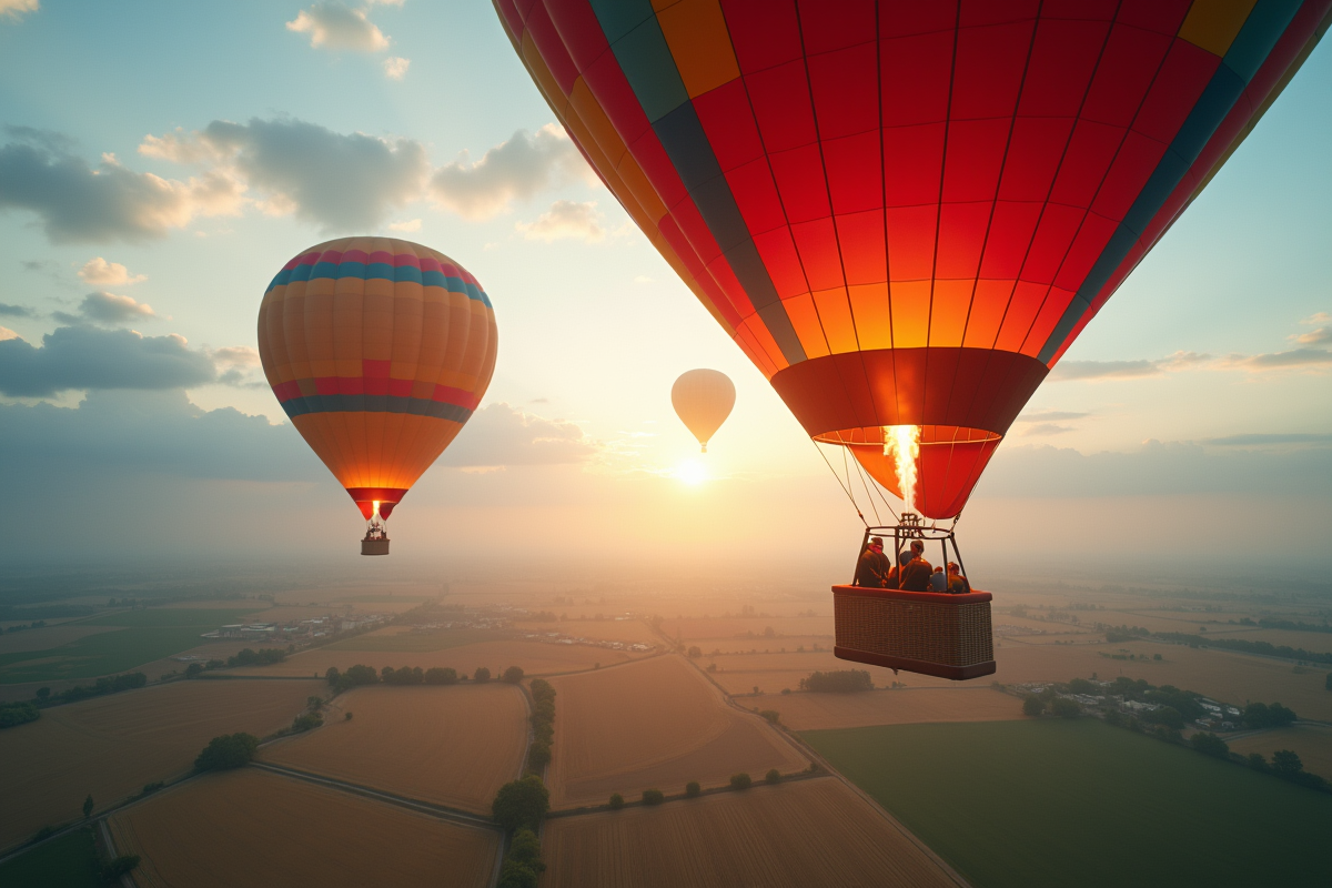 Plusieurs montgolfières colorées en vol au-dessus des champs