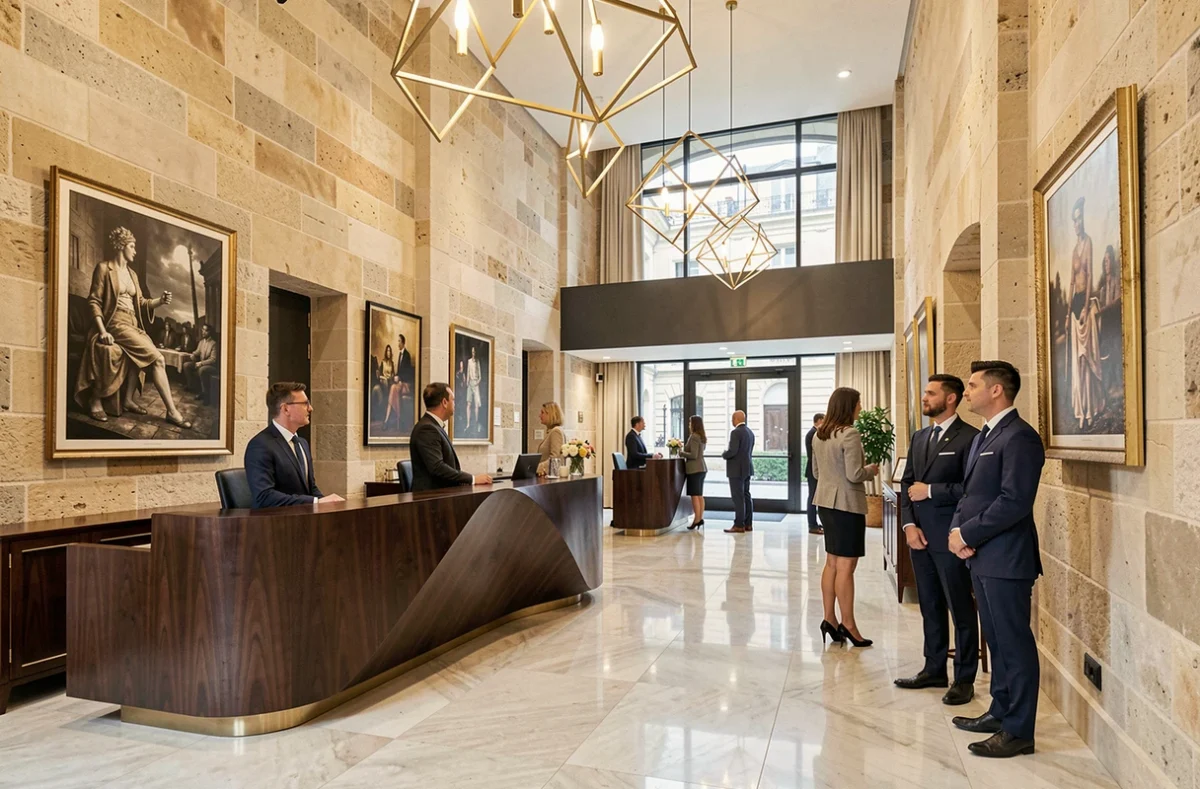 Hall d'entrée élégant du Balthazar Hotel & Spa Rennes MGallery avec design contemporain, marbre et boiseries sombres