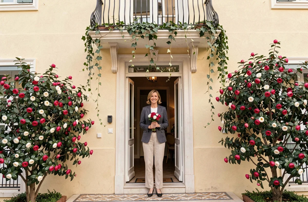 Façade de La Bastide aux Camélias à Nice avec camélias en fleurs roses et blancs et balcon en fer forgé