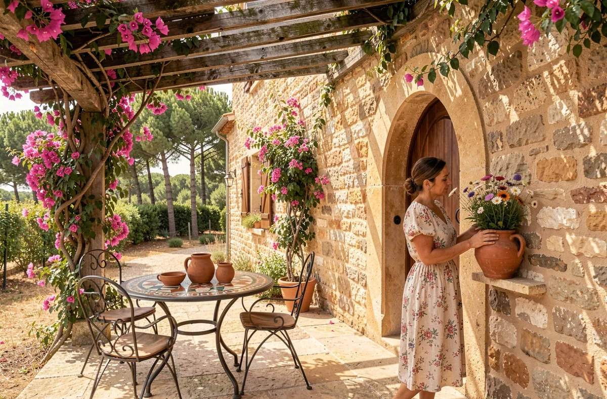 Terrasse fleurie de La Bastide des Pins à Vence avec table en mosaïque et bougainvilliers en façade