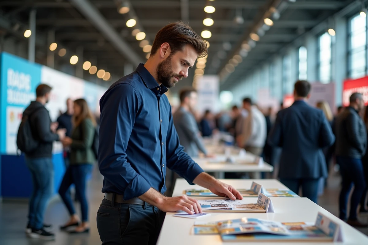 Blogueur voyage débutant installant son stand lors d'un salon professionnel de blogueurs