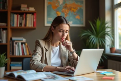 Jeune blogueuse voyage débutante préparant ses notes pour un salon blogueur à son bureau à domicile