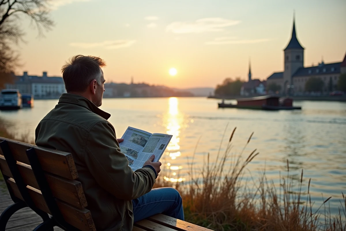 Bords du Rhin à Spire avec voyageur consultant une carte, vue sur le fleuve et la silhouette historique de la ville