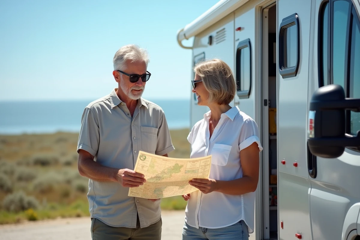 Couple en camping-car utilisant une borne de service pour camping-cars à Leucate, avec point de vidange et eau potable visible