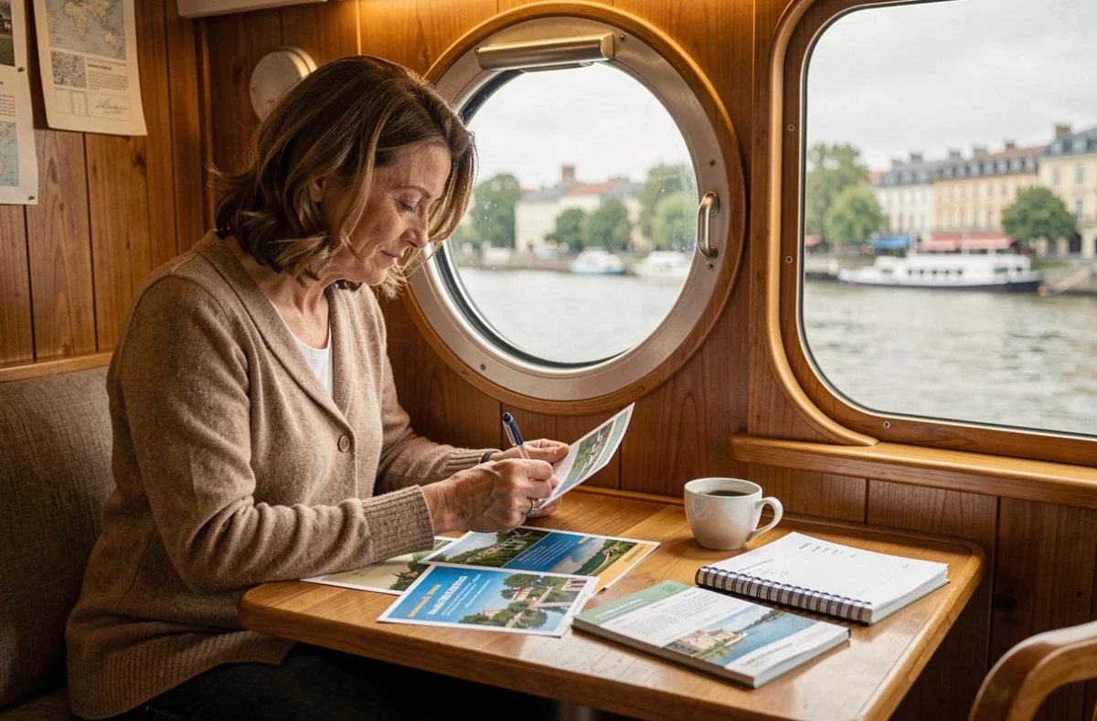 Femme planifiant son budget de croisière sur la Saône dans une cabine de bateau fluvial
