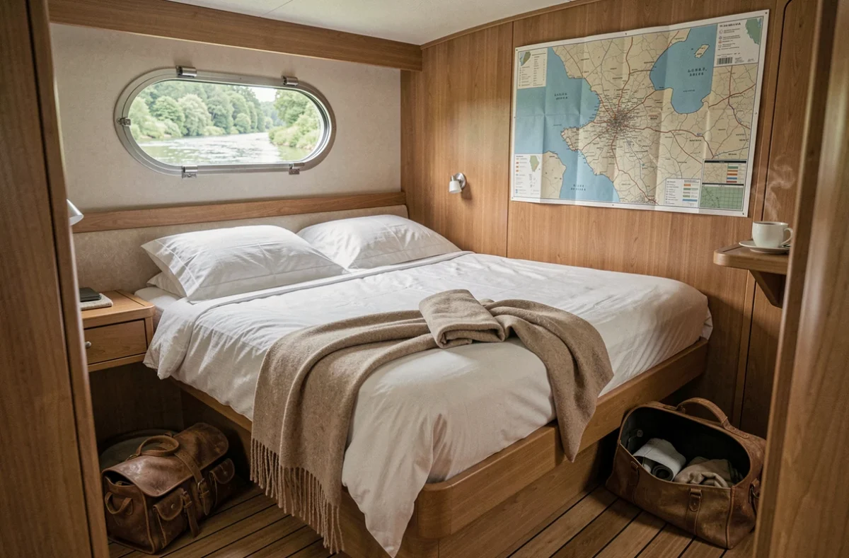Cabine intérieure cosy d'une péniche de croisière fluviale en France avec hublot donnant sur la berge verdoyante de la Loire