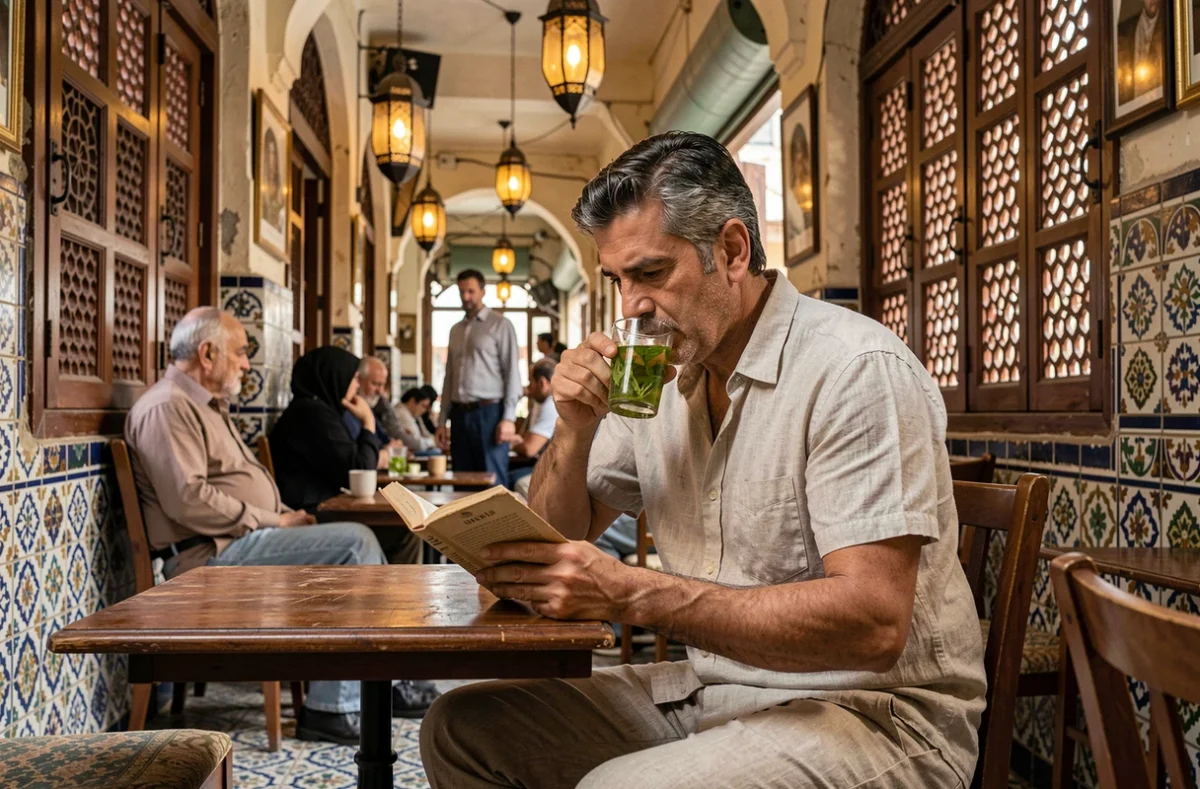 Voyageur se reposant dans un café traditionnel cairote pendant la canicule estivale en Égypte
