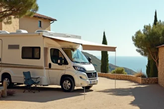 Camping-car blanc stationné sur un parking aménagé du village de Leucate avec vue sur les maisons en pierre méditerranéennes