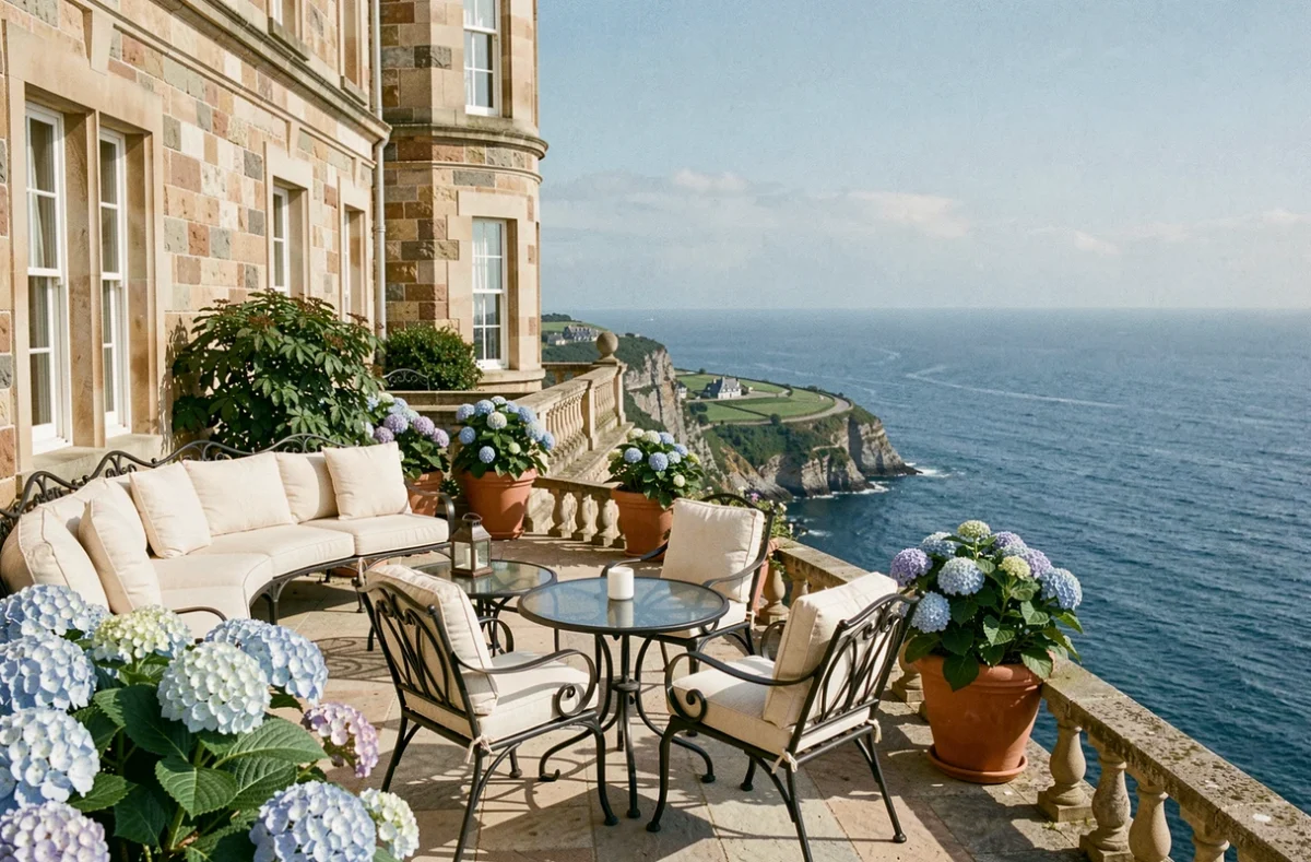 Terrasse panoramique de l'hôtel Castelbrac surplombant la baie de Dinard avec vue sur l'Atlantique et décoration élégante