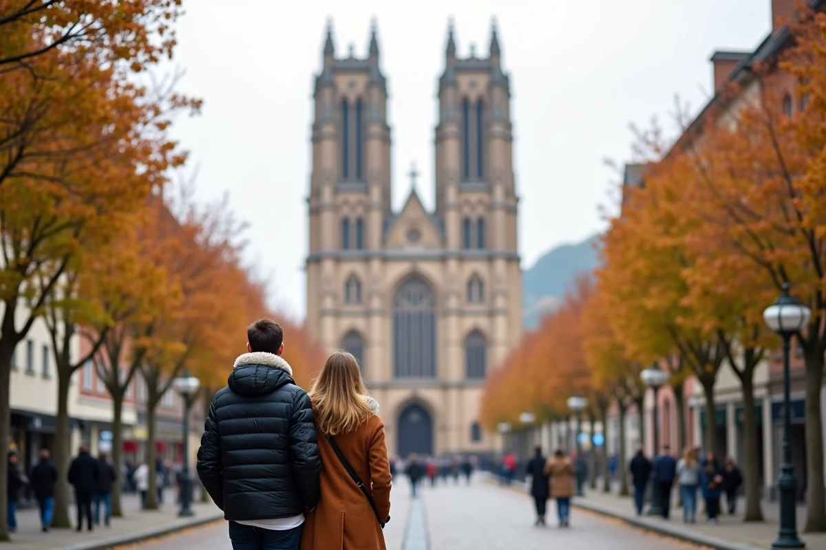 La cathédrale de Spire vue depuis la Maximilianstrasse avec des touristes en automne, architecture romane en grès rouge