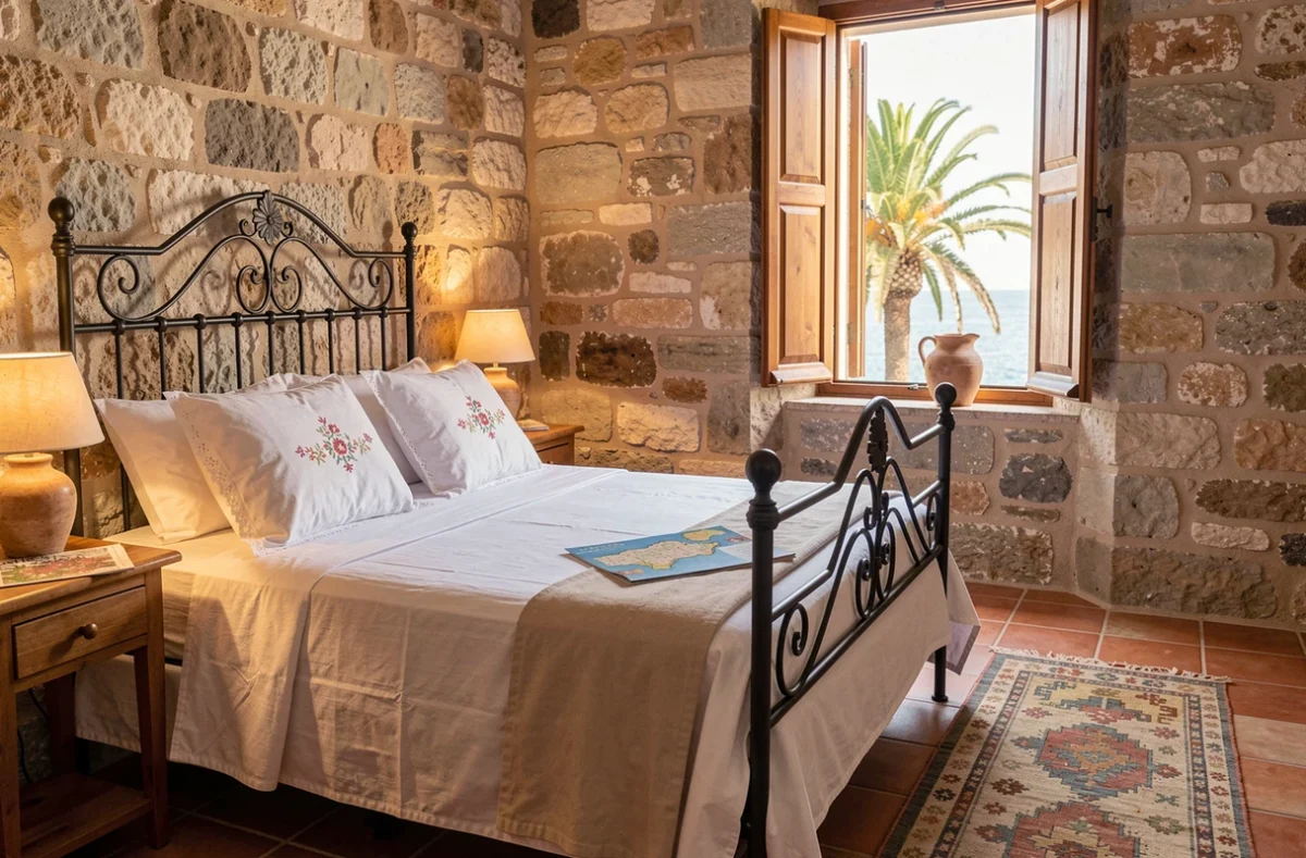 Chambre confortable en pierres calcaires d'un hôtel de charme près de Marsaxlokk avec vue sur la mer bleue de Malte