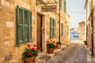 Petite maison d'hôtes traditionnelle en pierre calcaire de Marsaxlokk avec volets verts et vue sur le port dans le sud de Malte