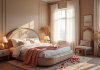 Chambre romantique avec lit rond et pétales de roses