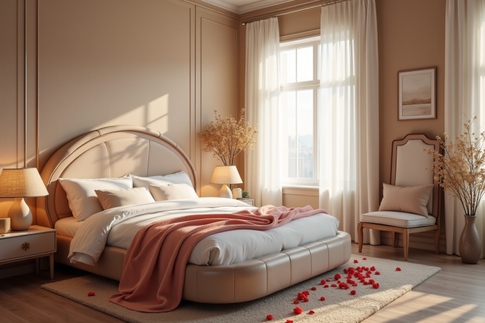 Chambre romantique avec lit rond et pétales de roses