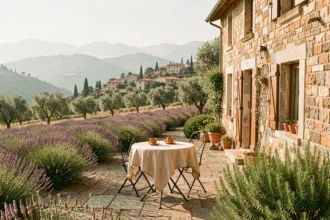 Vue panoramique d'une chambre d'hôtes provençale en pierre dans les Alpes-Maritimes, entourée de lavande et d'oliviers