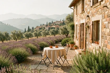 Vue panoramique d'une chambre d'hôtes provençale en pierre dans les Alpes-Maritimes, entourée de lavande et d'oliviers