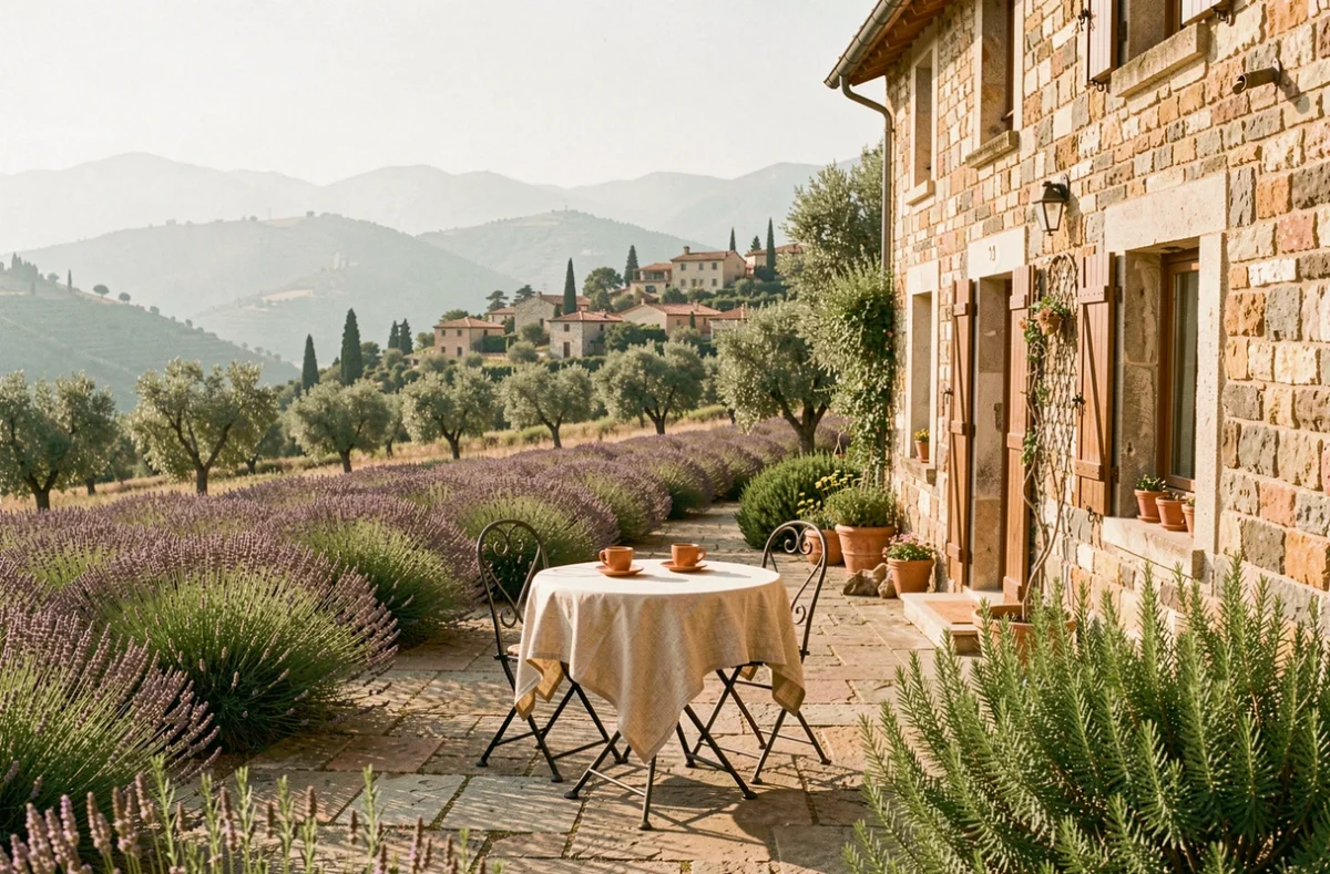 Vue panoramique d'une chambre d'hôtes provençale en pierre dans les Alpes-Maritimes, entourée de lavande et d'oliviers