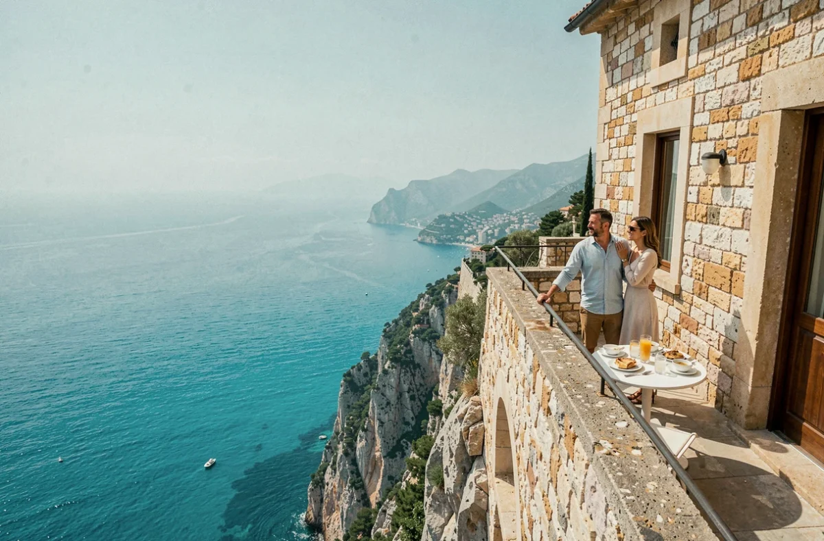 Terrasse du Château de la Chèvre d'Or à Èze surplombant la mer Méditerranée et la Côte d'Azur