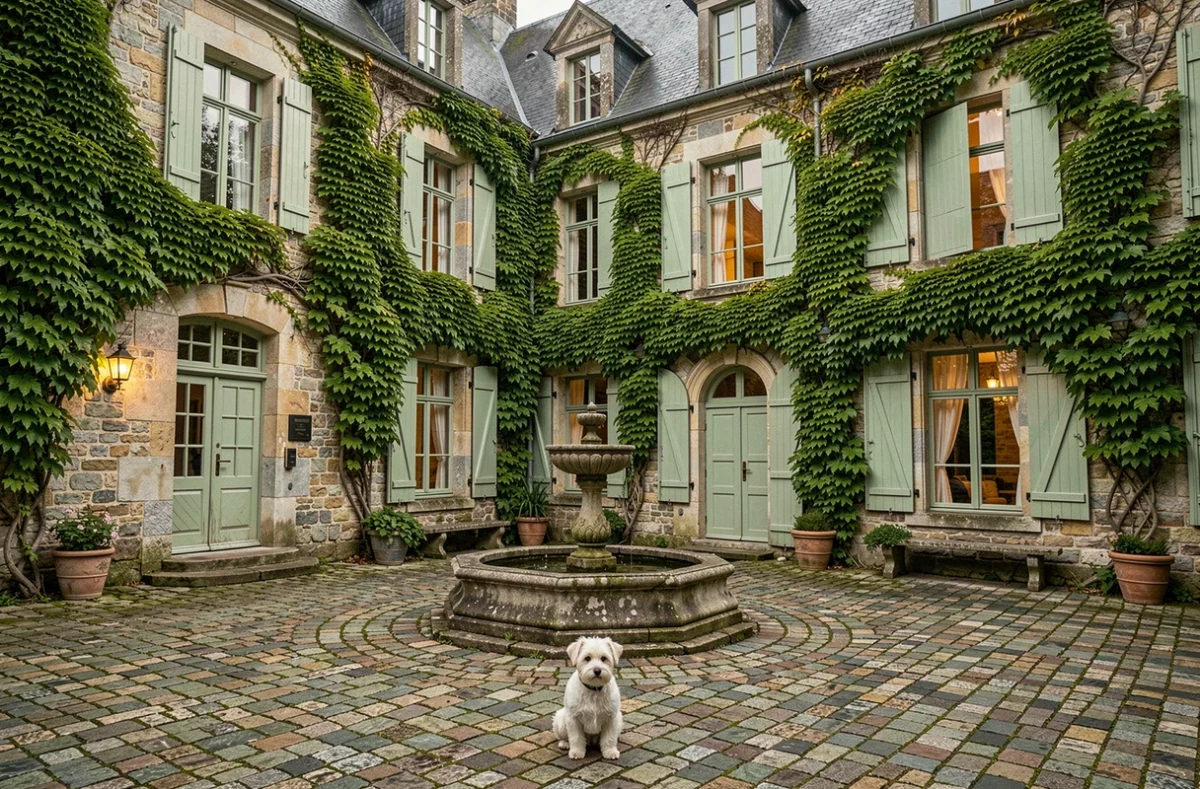 Cour intérieure du Château Hôtel Du Colombier avec façade en pierre couverte de vigne vierge et fontaine ancienne