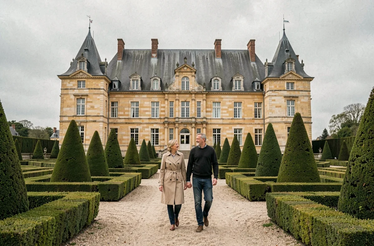 Château de La Ballue et ses jardins à la française avec topiaires sculptés et façade en pierre dorée en Ille-et-Vilaine