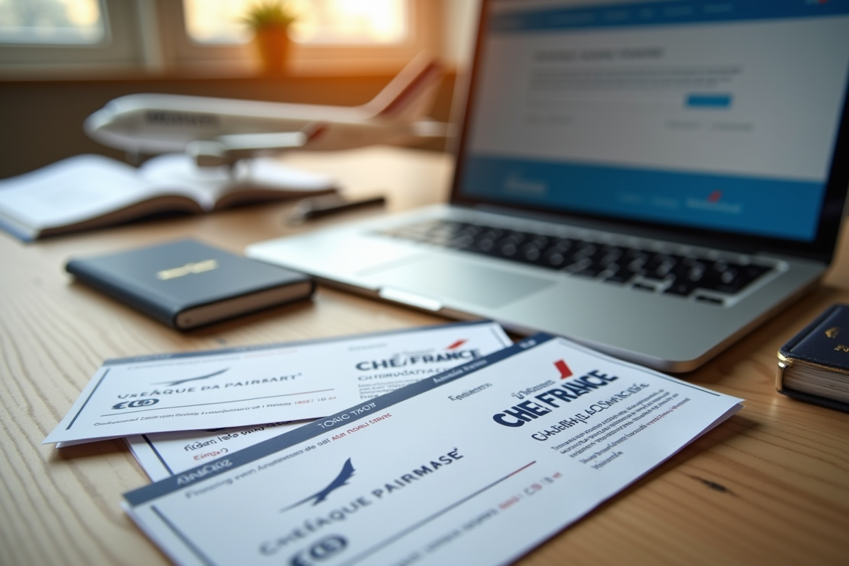 Vouchers ChèquesVacances et site Air France sur un bureau