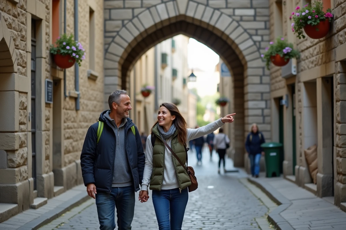 Couple se promenant sous la porte médiévale en pierre de la cité fortifiée de Guérande en Bretagne