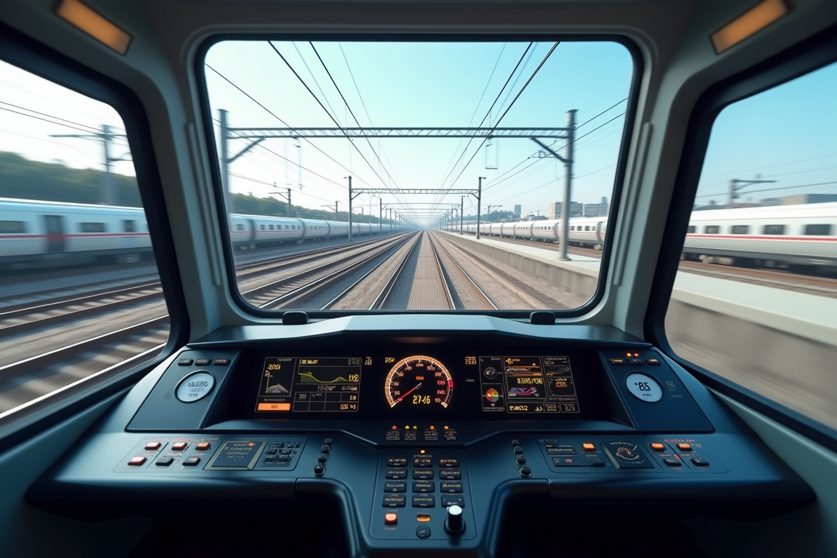 Intérieur du train avec tableau de bord numérique en vue