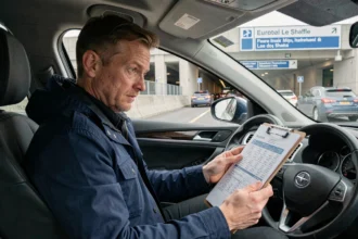 Conducteur consultant une grille tarifaire du tunnel sous la Manche depuis son véhicule dans la file d'attente du terminal Eurotunnel à Folkestone