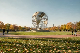 Vue large du parc Corona à Queens avec la sphère Unisphere en acier entourée de pelouses en automne