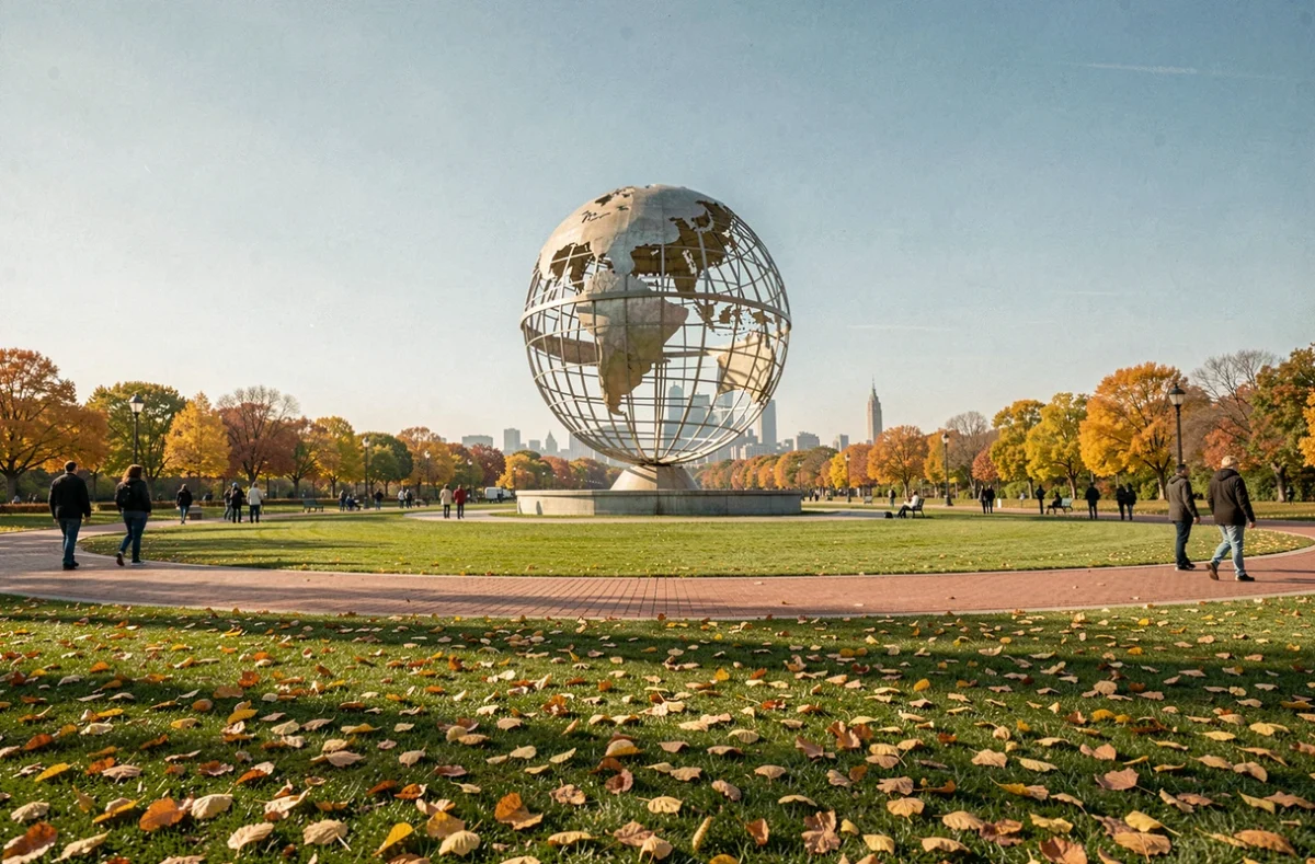 Vue large du parc Corona à Queens avec la sphère Unisphere en acier entourée de pelouses en automne