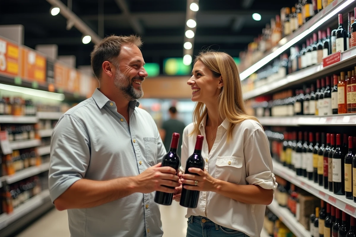 Couple choisissant des bouteilles de vin local dans un supermarché espagnol lors de vacances
